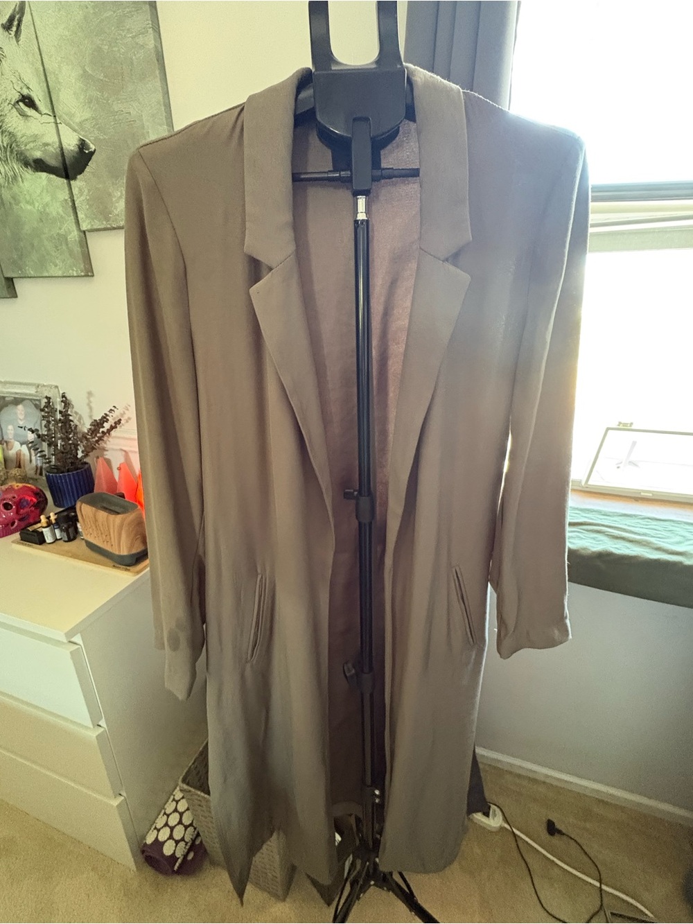 Dynamite Long Open-Front Trench Coat in Taupe